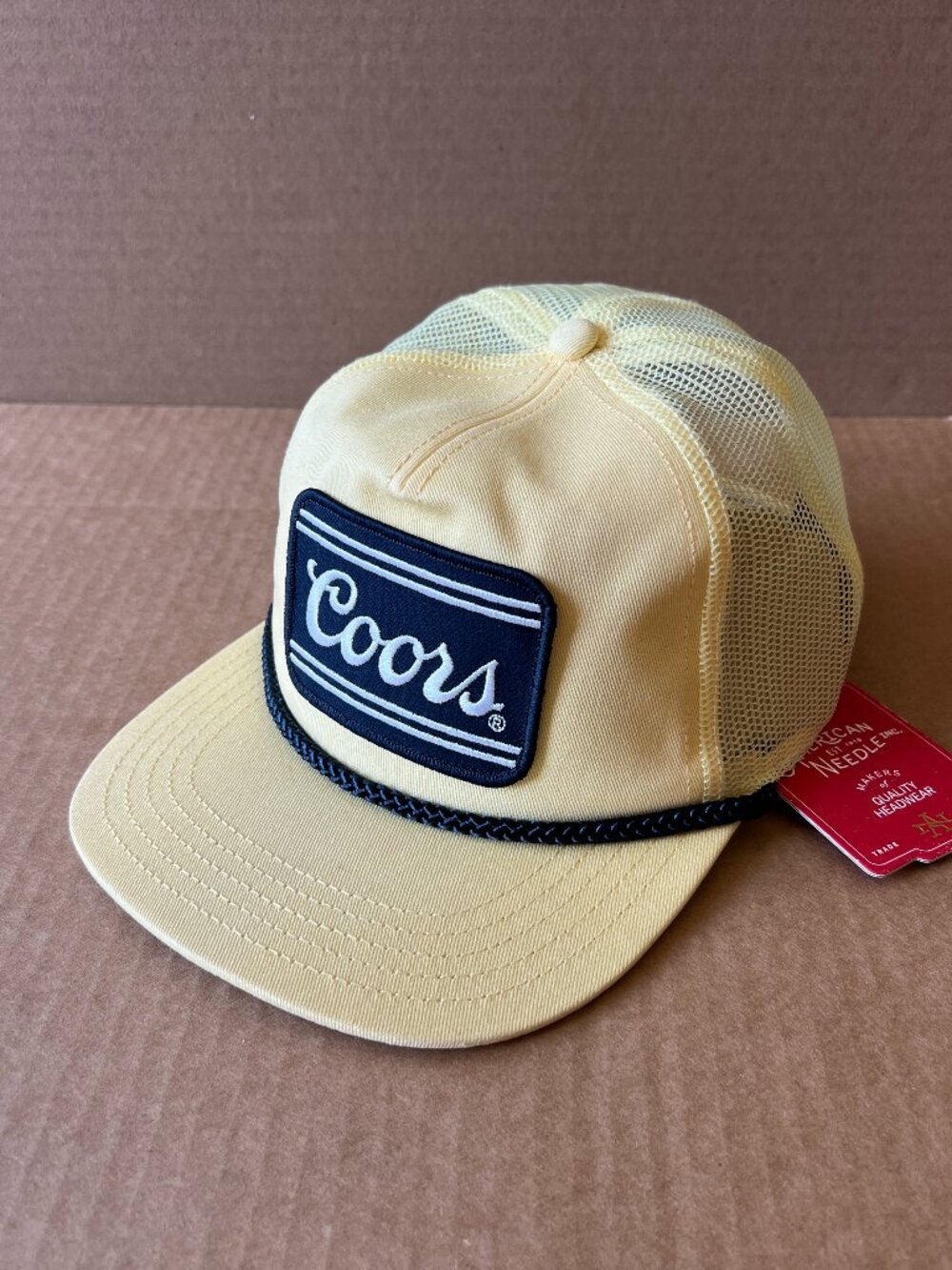 Coors Logo Patch Rope Hat Display w/Flaws Mesh Snapback Yellow and Navy